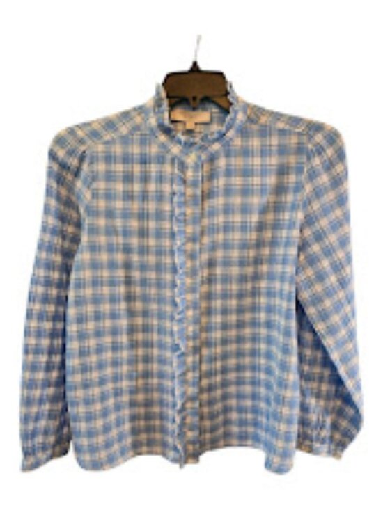 LOFT Tops - PLAID BLUE WHITE SHIRT LOFT SIZE LARGE RUFFLE COLLAR BUTTON UP SOFT COMFY